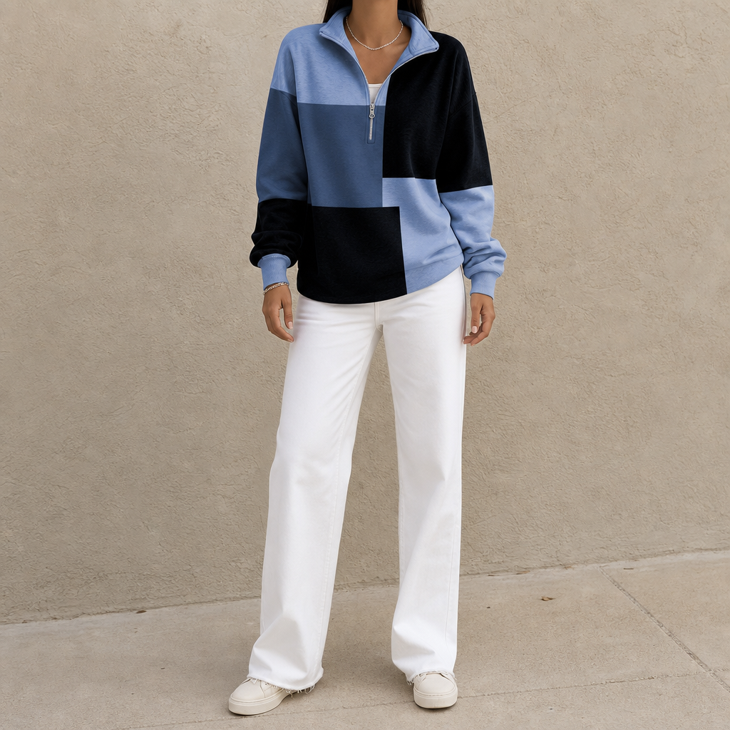 Colorplaid | Colorblock Plaid Stand-Collar Zip Sweatshirt