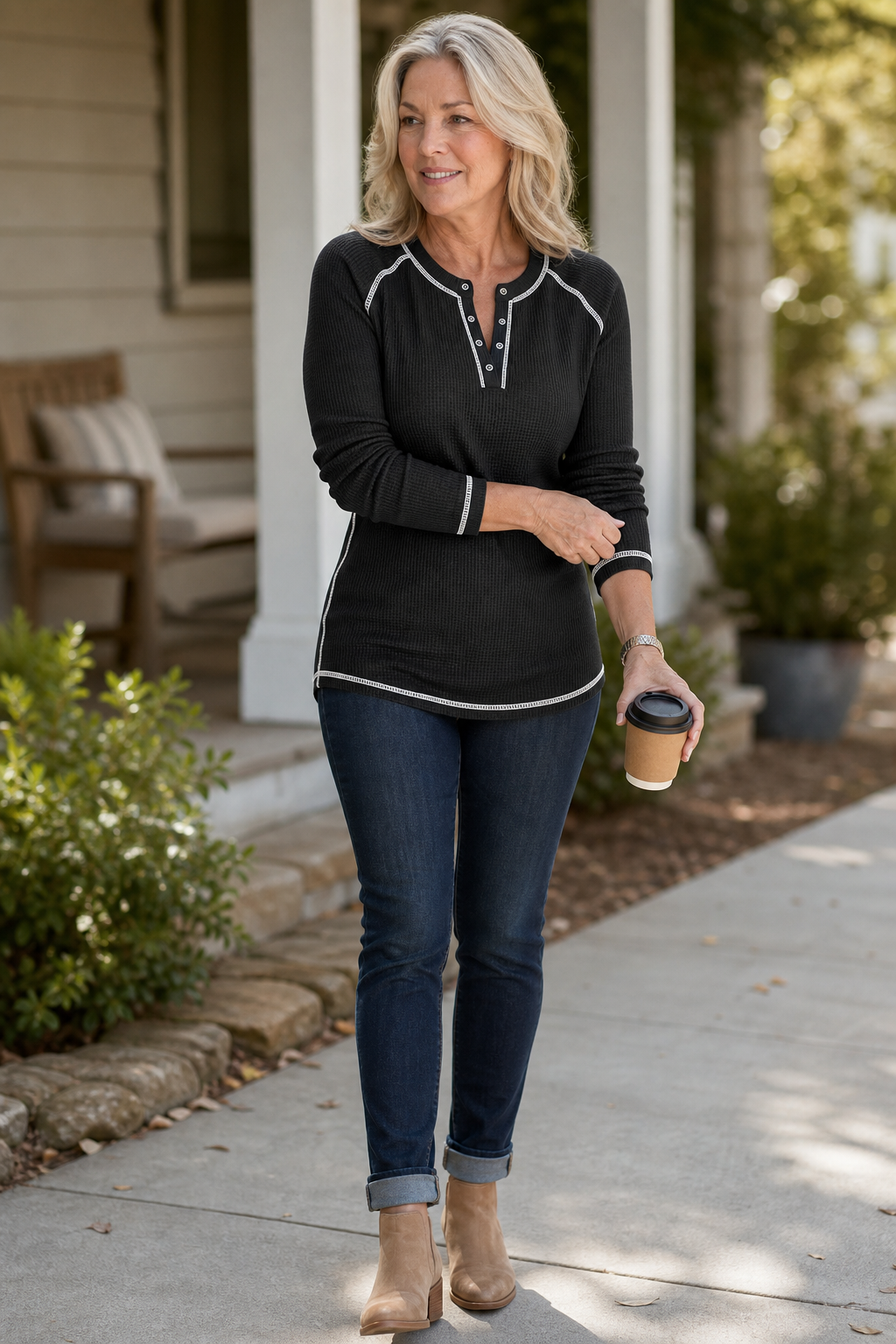 Wearbelda | Waffle Knit Contrast Stitch Henley Top
