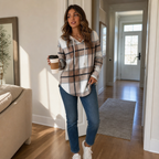 Plaidwell | Drawstring V-Neck Hooded Plaid Top