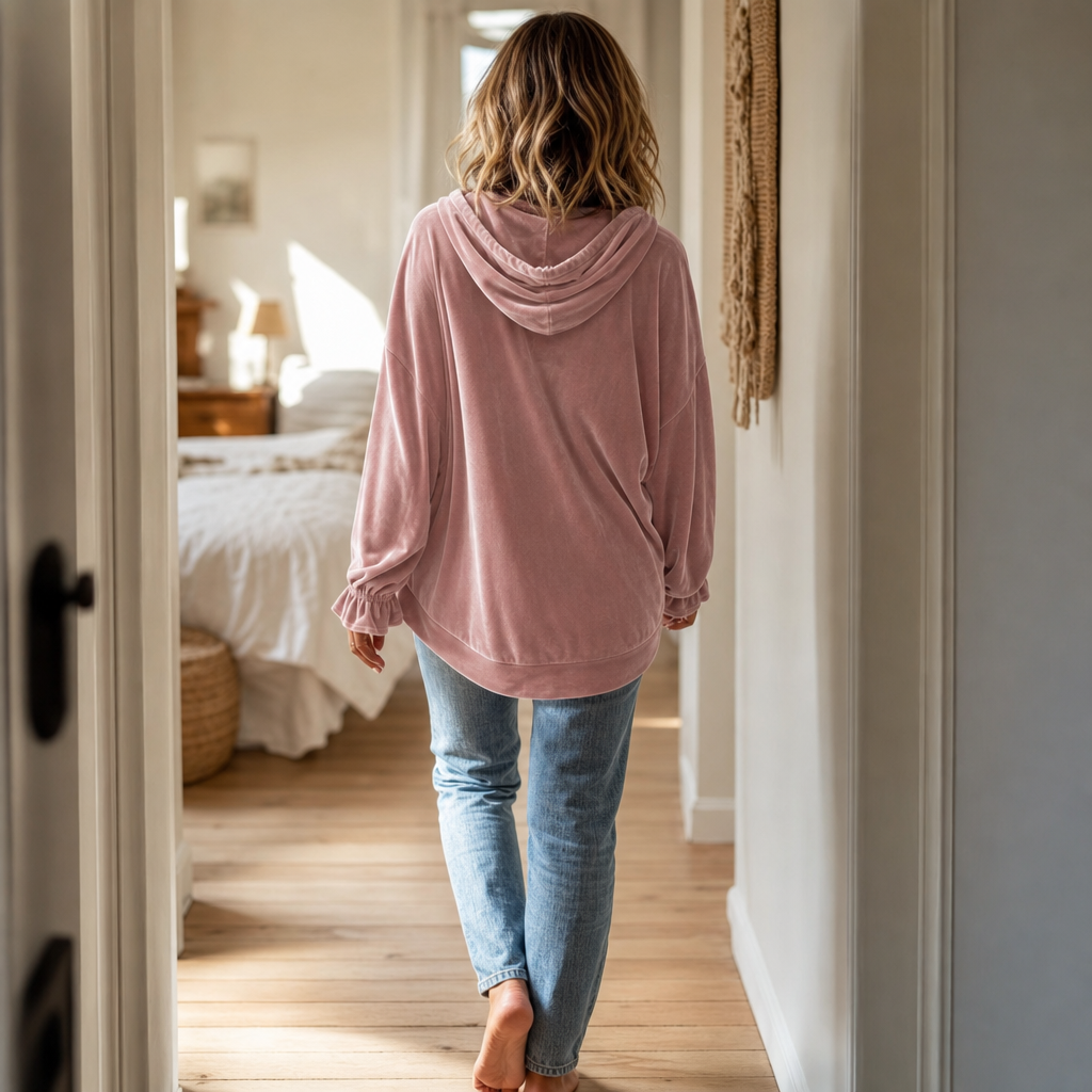 Yearbella | Ruffle Cuff Velvet Relaxed Hoodie
