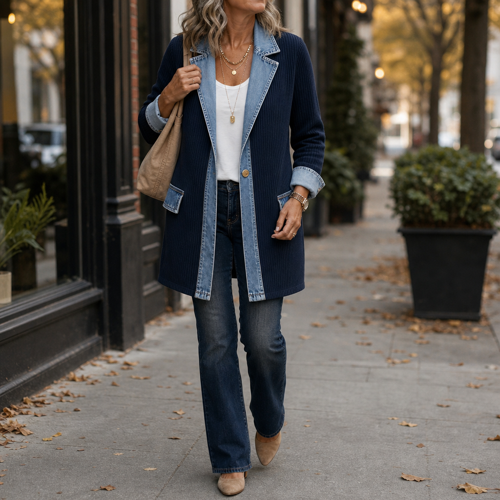 Wearbele | Spliced Denim Ribbed-Knit Longline Jacket