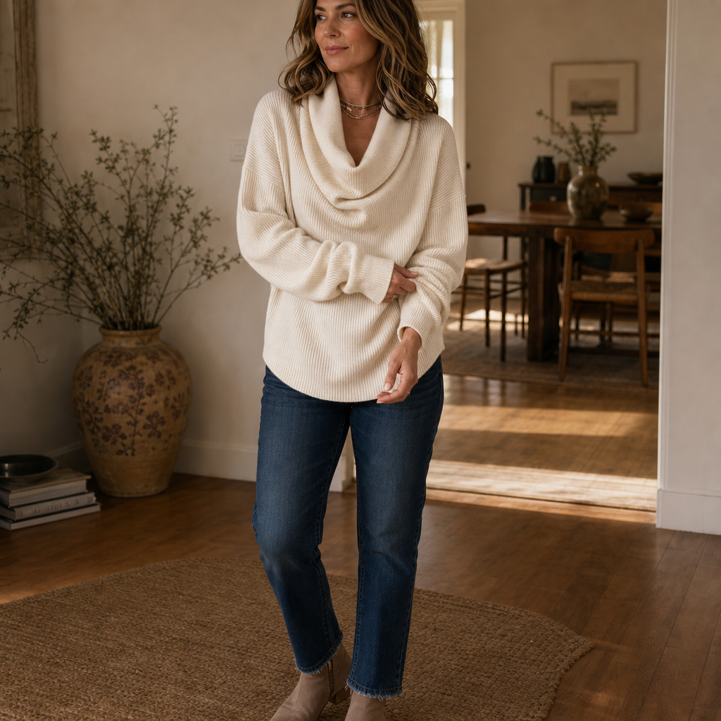 Ribella | Ribbed Draped Cowl-Neck Knit Top