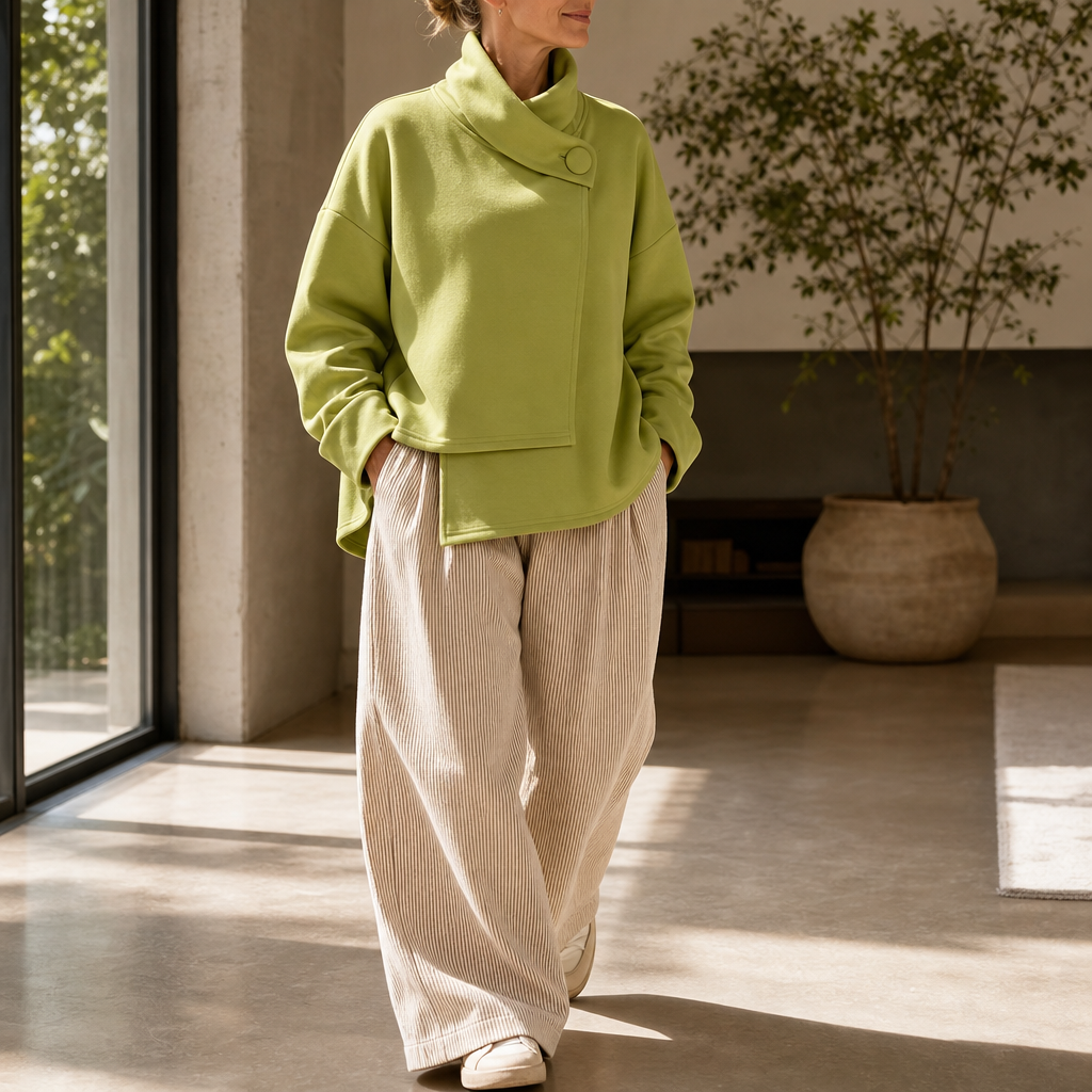 Draperly | Asymmetric Cowl Neck Button Sweatshirt
