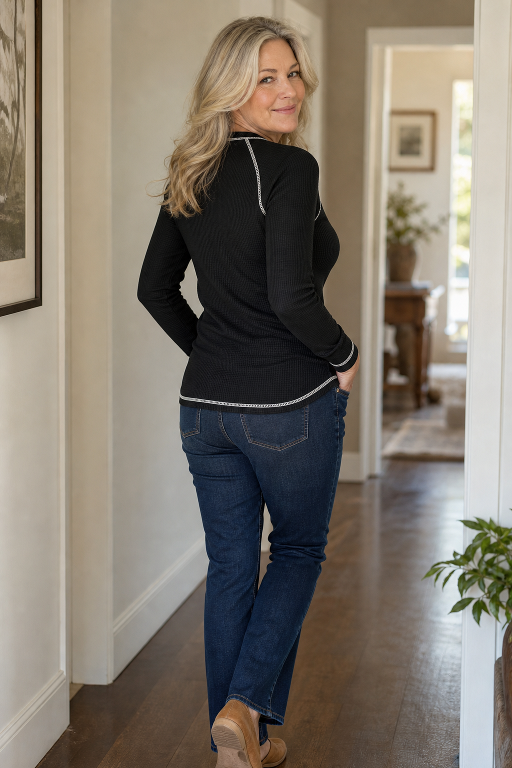 Wearbelda | Waffle Knit Contrast Stitch Henley Top