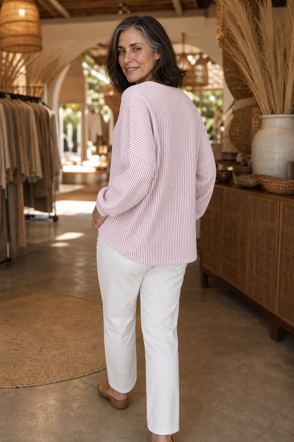 Everline | Striped Long Sleeve Zip-Up Top