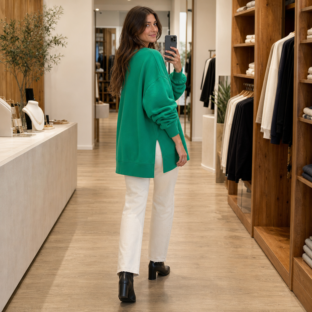 Verdant Ease | Drop Shoulder Side-Slit Sweatshirt