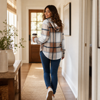 Plaidwell | Drawstring V-Neck Hooded Plaid Top