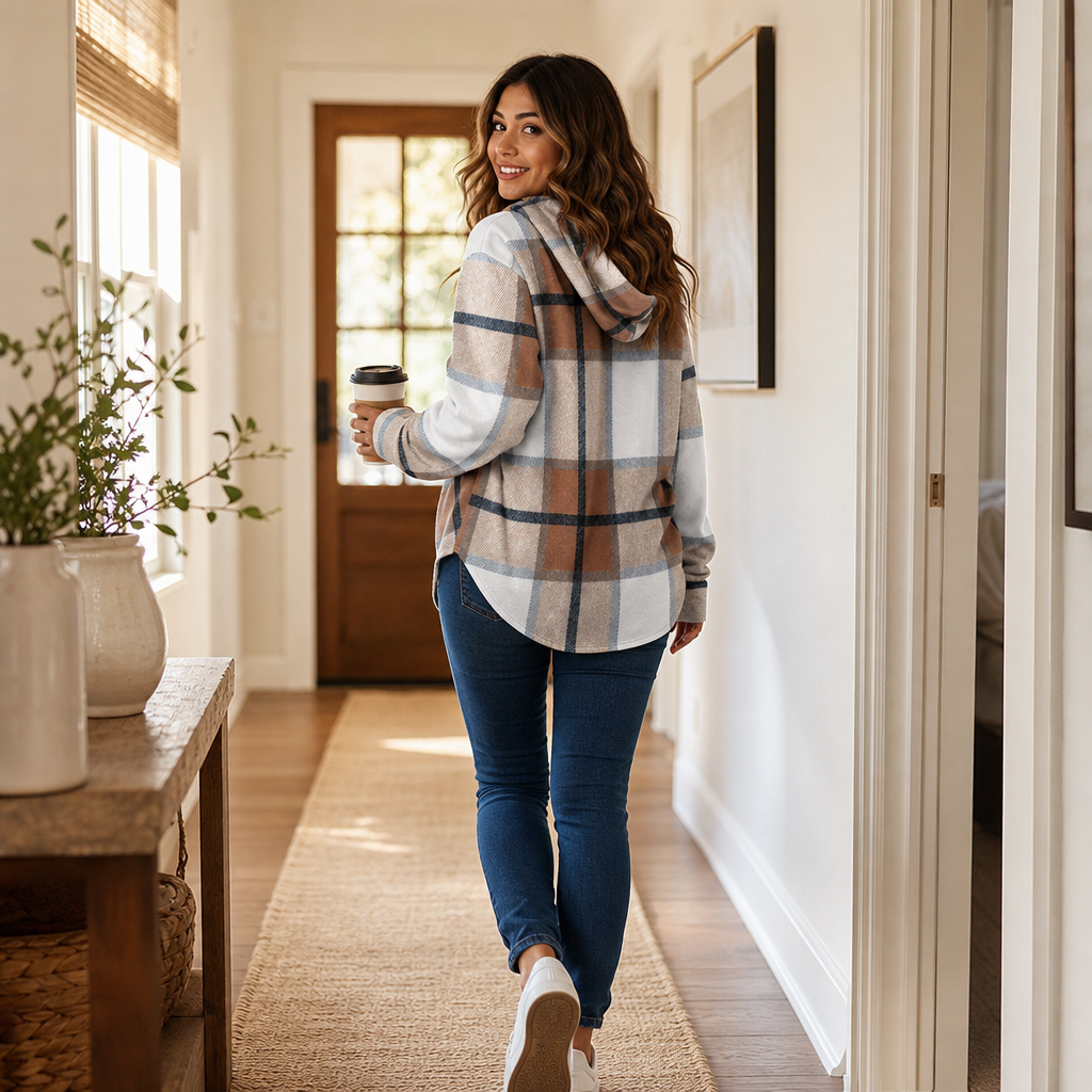 Plaidwell | Drawstring V-Neck Hooded Plaid Top