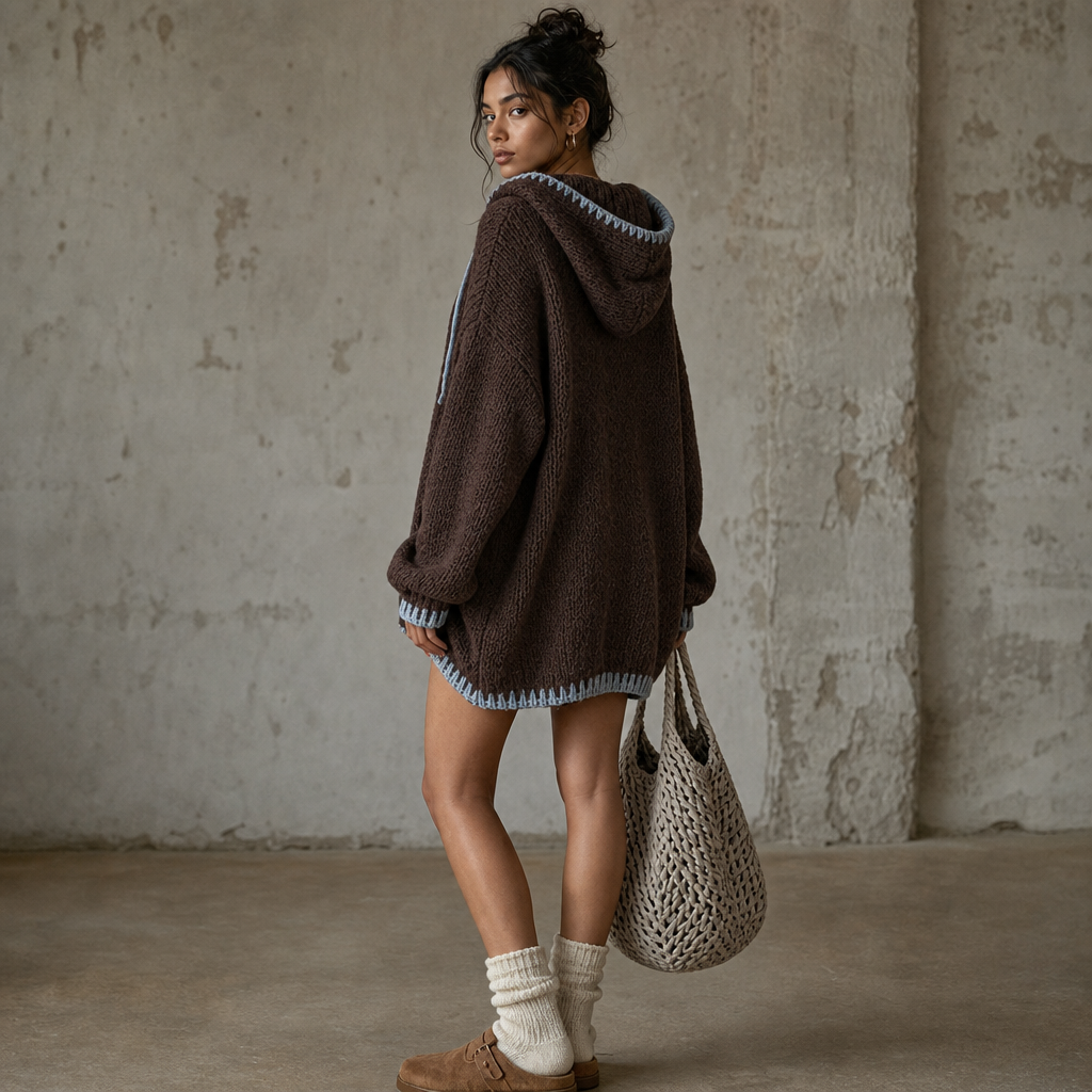 Cozylines | Contrast-Trim Hooded Sweater Dress