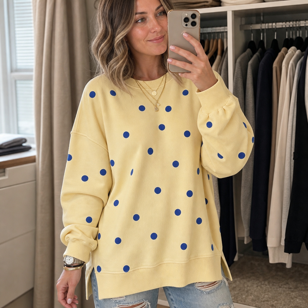 Sunbelle | Polka Dot Ribbon-Tie Neck Sweatshirt