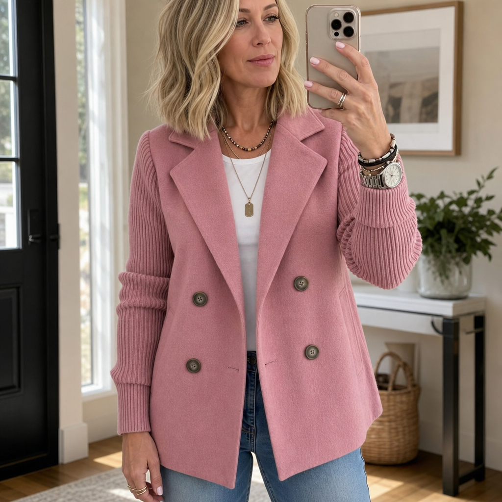 Mearbella | Knit-Sleeve Double-Breasted Blazer