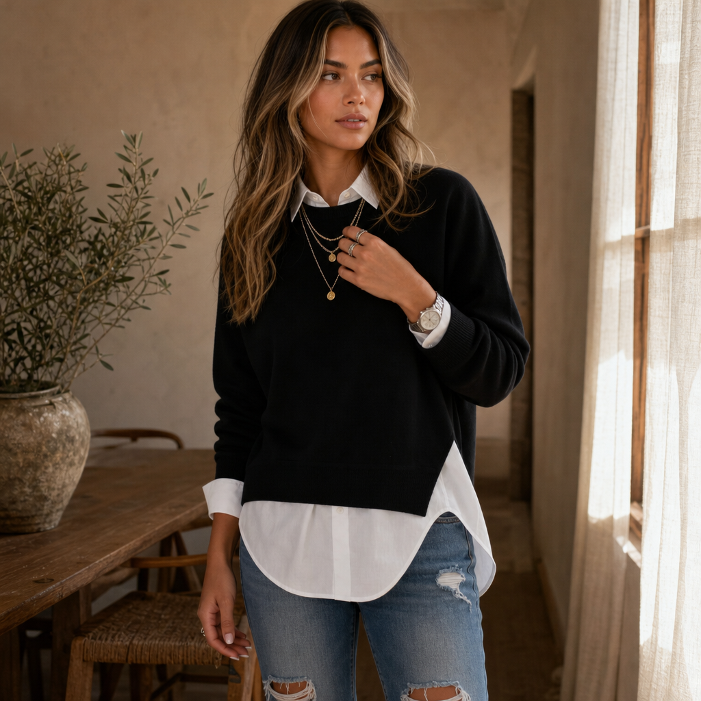 Averlyn | Layered Mock Shirt Collar Crewneck Sweatshirt