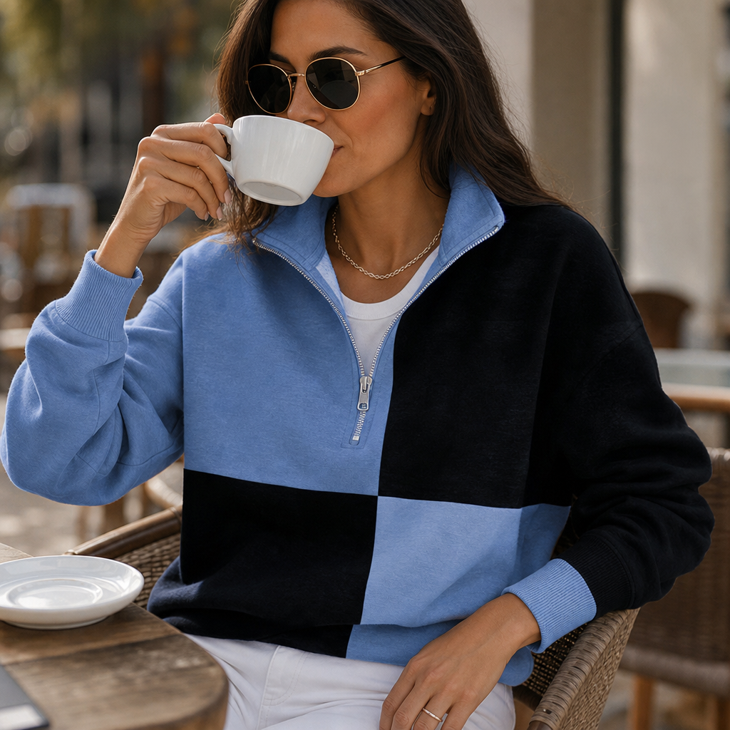 Colorplaid | Colorblock Plaid Stand-Collar Zip Sweatshirt