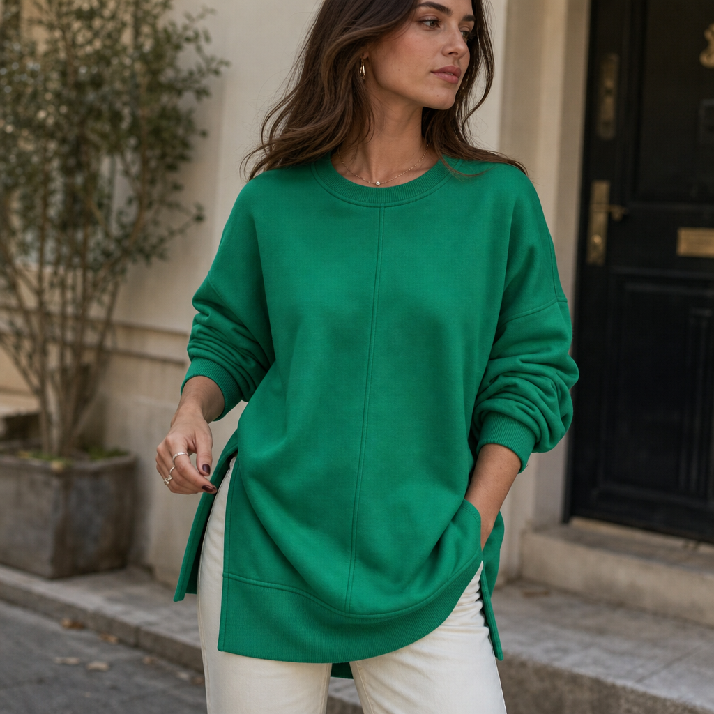 Verdant Ease | Drop Shoulder Side-Slit Sweatshirt