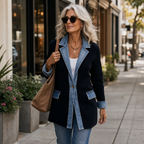 Wearbele | Spliced Denim Ribbed-Knit Longline Jacket