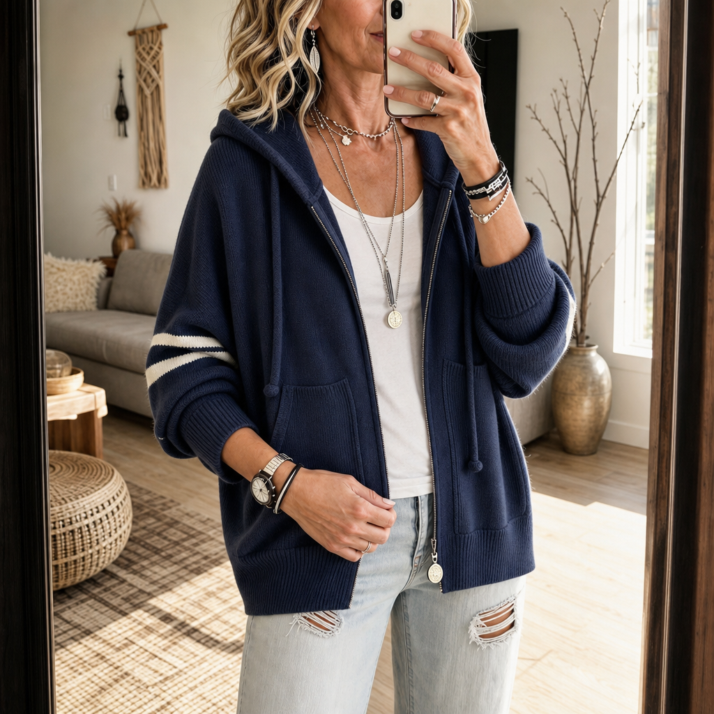 Wearbalc | Striped-Sleeve Drop-Shoulder Zip Hoodie