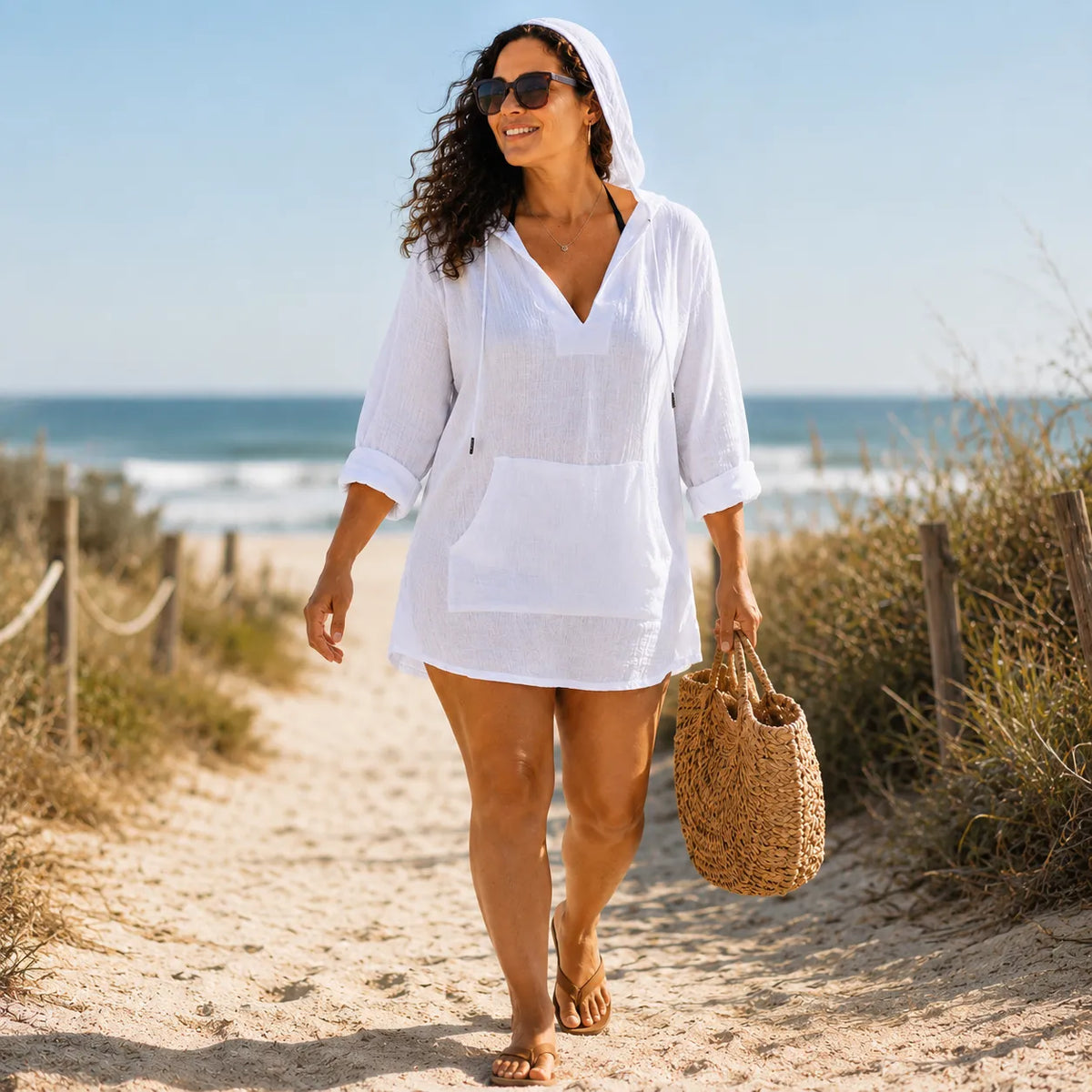 Muslina | Soft V-Neck Hooded Summer Top with Kangaroo Pocket