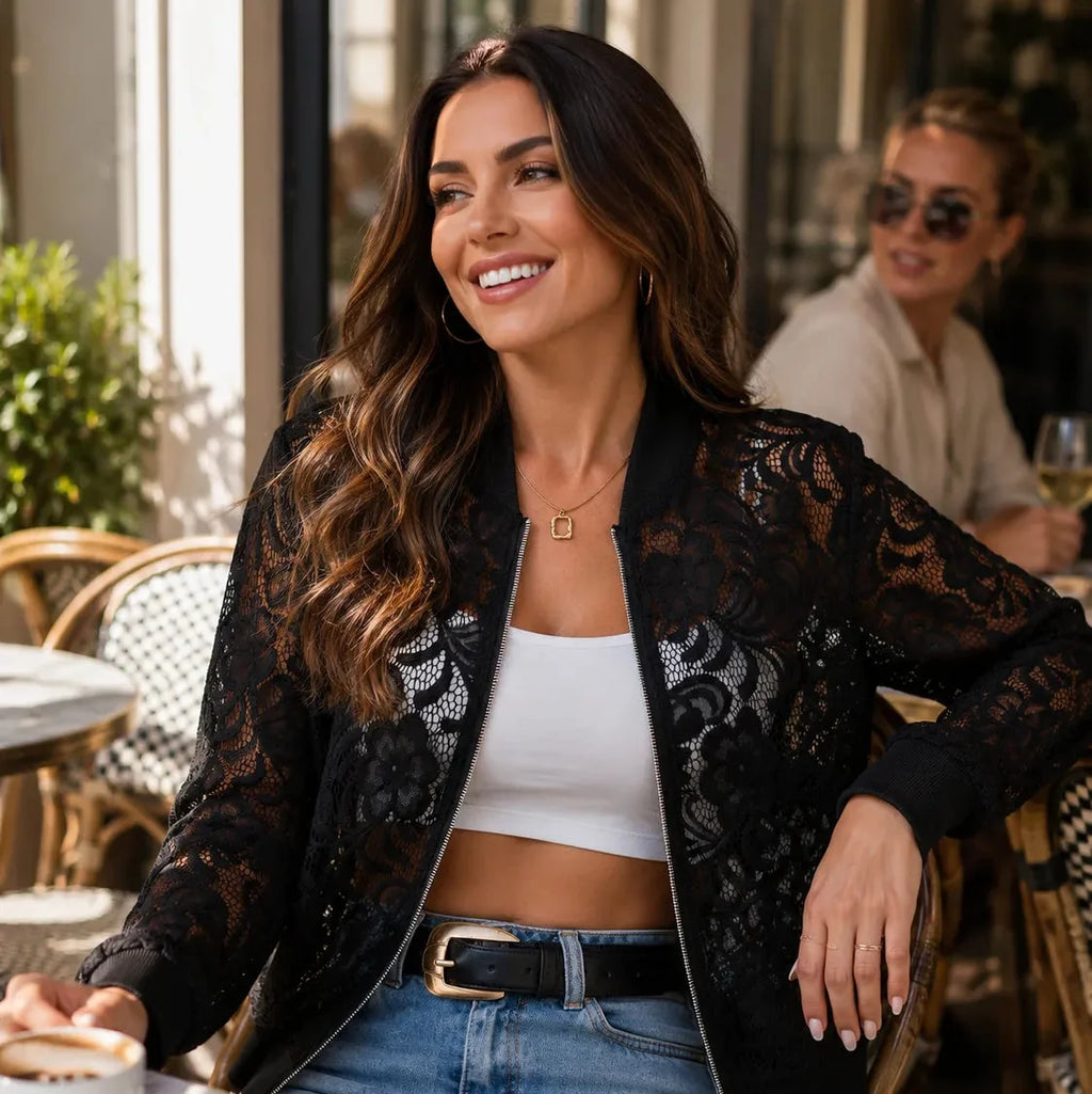 Lacelle | Floral Lace Zip Up Bomber Jacket for Women