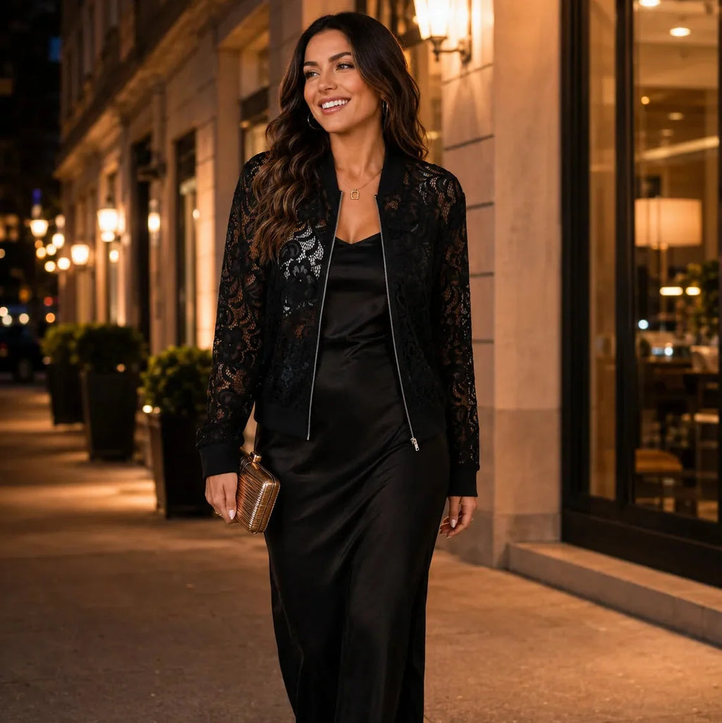 Lacelle | Floral Lace Zip Up Bomber Jacket for Women
