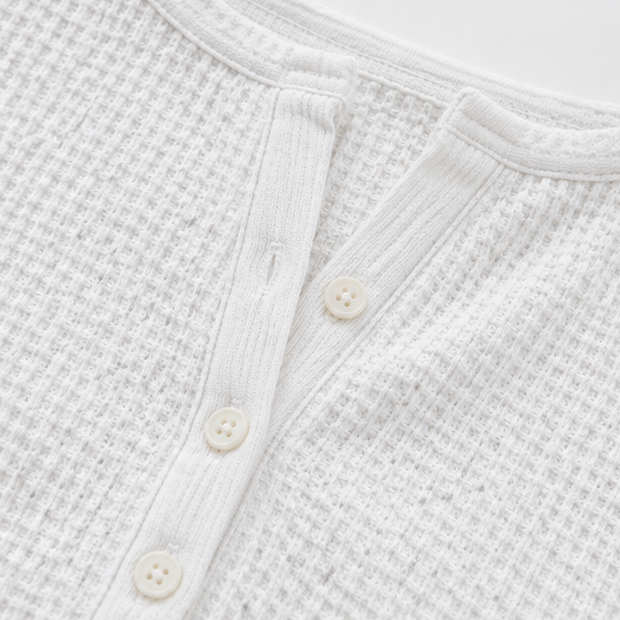 Loravia | Waffle Knit-look Henley Top with Button Placket, 3/4 Sleeve