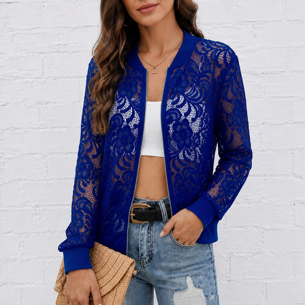 Lacelle | Floral Lace Zip Up Bomber Jacket for Women