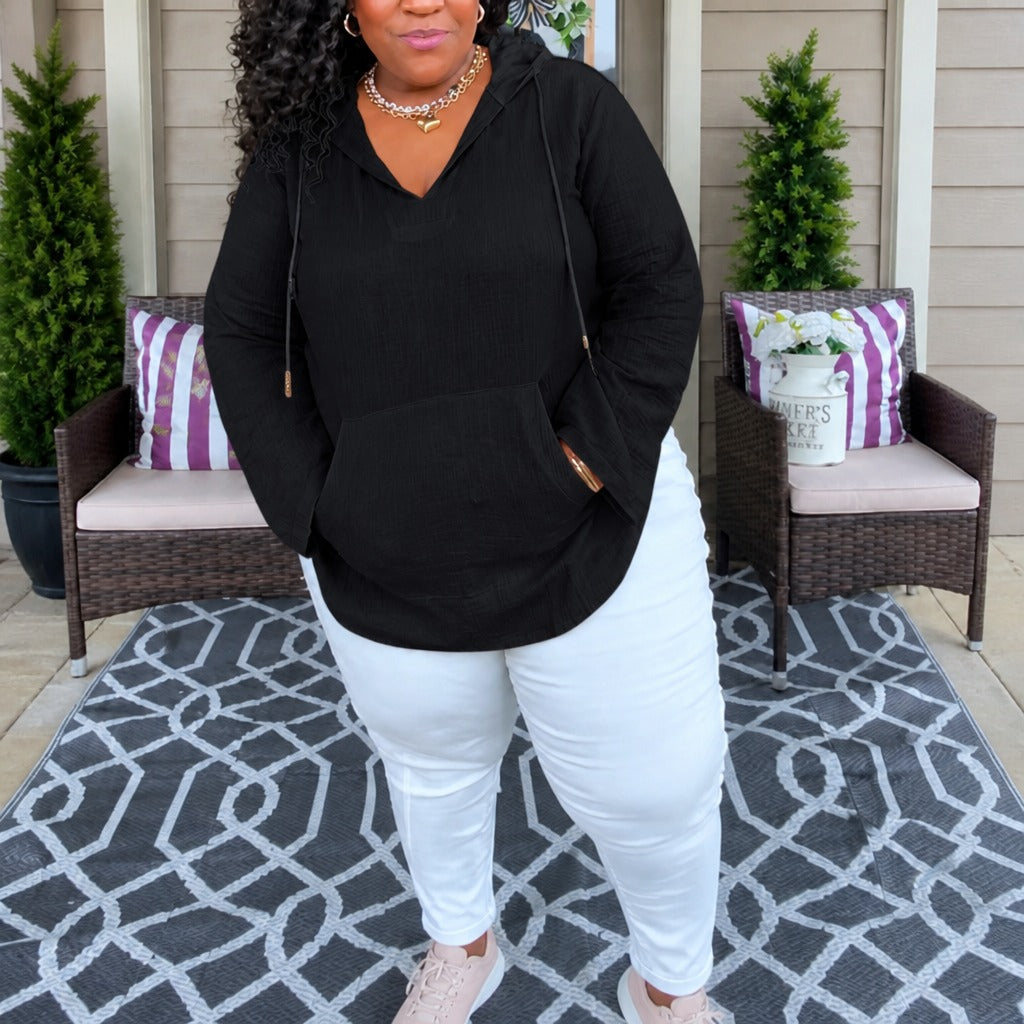 Muslina | Soft V-Neck Hooded Summer Top with Kangaroo Pocket