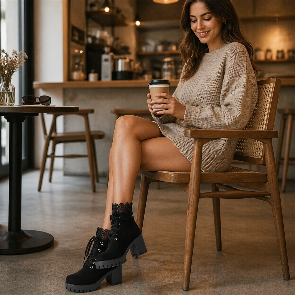 Lacevoya | Lace-Up Chunky Heel Ankle Booties