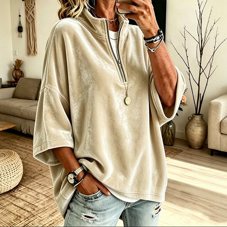 Wearbelli | Half-Zip Funnel Neck Velour Pullover