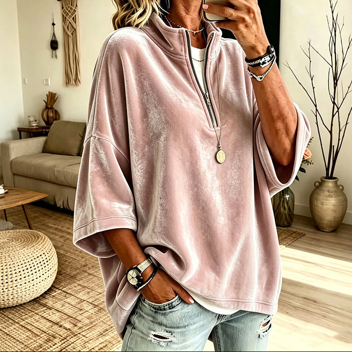 Wearbelli | Half-Zip Funnel Neck Velour Pullover