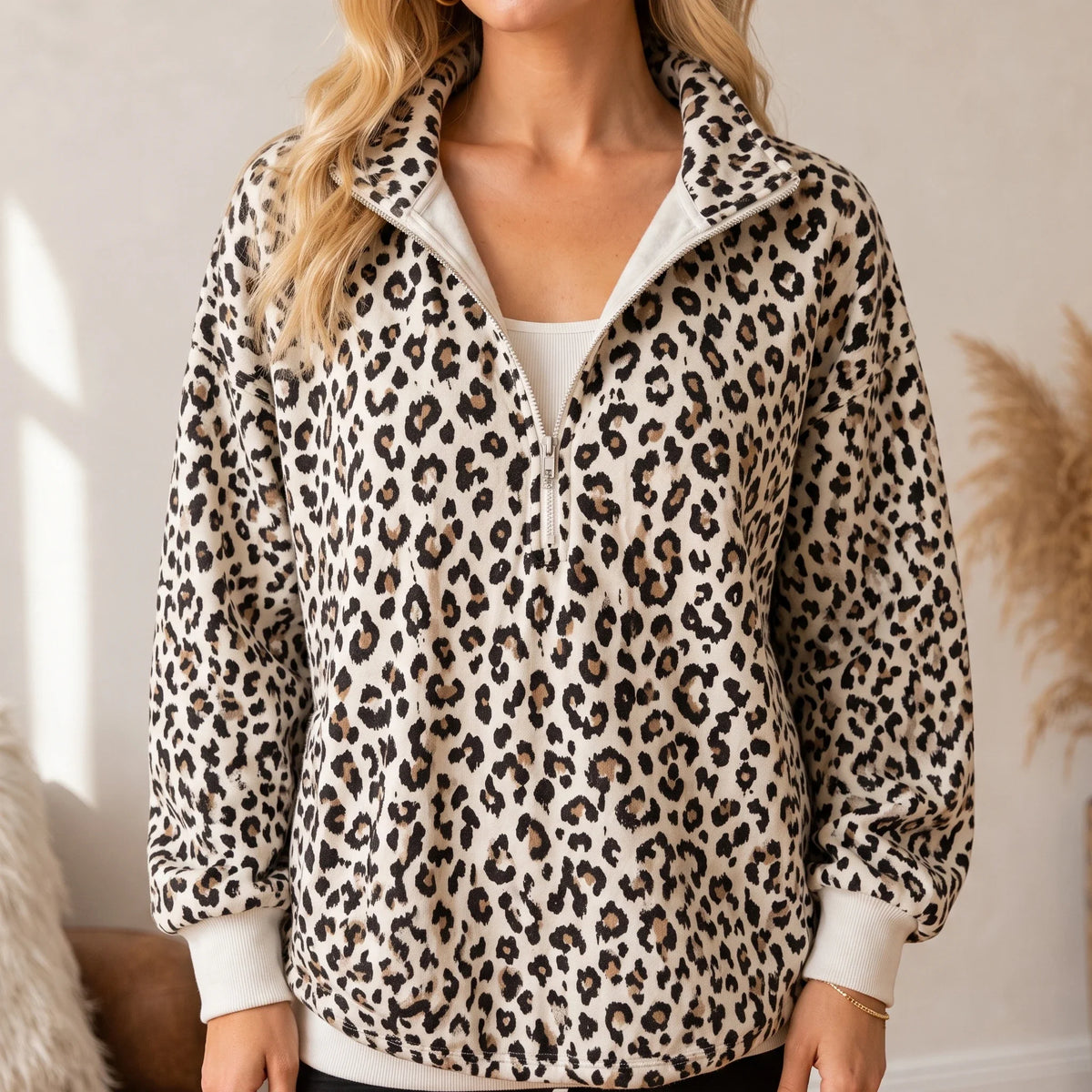 Roamprint | Leopard Print Oversized Quarter-Zip Sweatshirt