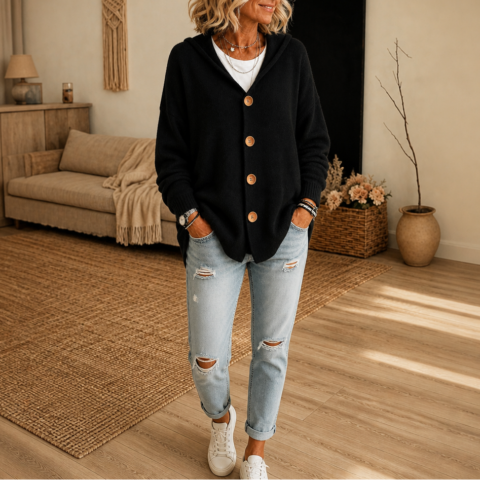 Hoodwell | Hooded Button-Front Knit Cardigan