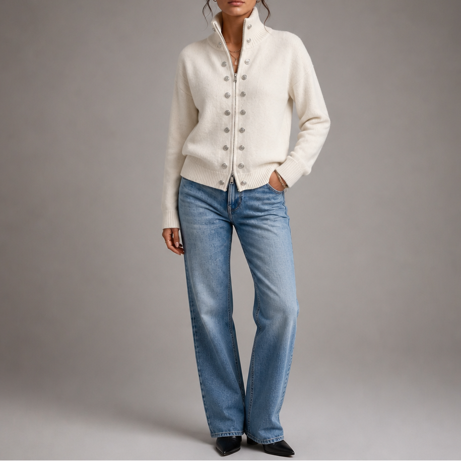 Wearvale | Two-Way Zip High-Neck Knit Cardigan