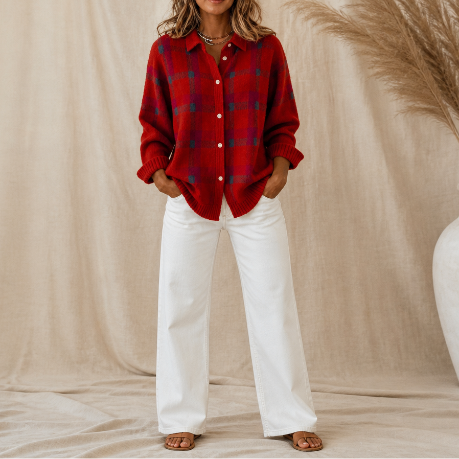 Verawool | Plaid Knit Shirt-Collar Cardigan