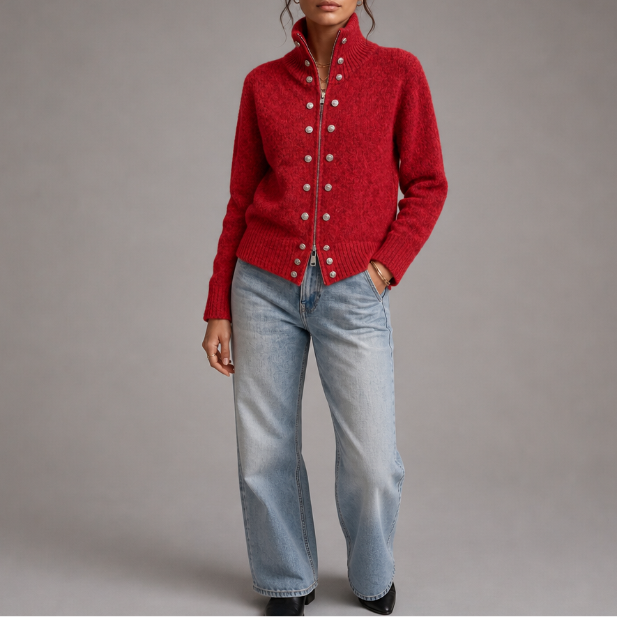 Wearvale | Two-Way Zip High-Neck Knit Cardigan