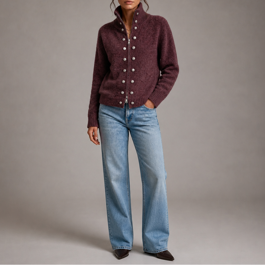 Wearvale | Two-Way Zip High-Neck Knit Cardigan