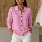 Collara | Turn-Down Collar Contrast-Button Knit Cardigan