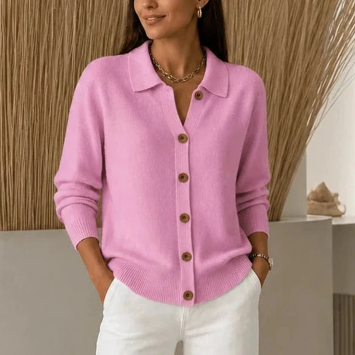Collara | Turn-Down Collar Contrast-Button Knit Cardigan