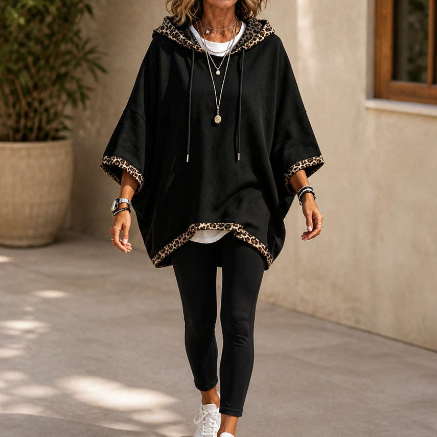 Wildelle | Leopard Trim Wide Sleeve Off-Shoulder Hoodie