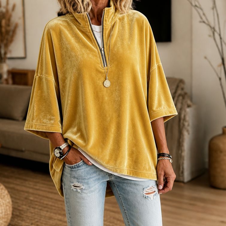 Wearbelli | Half-Zip Funnel Neck Velour Pullover