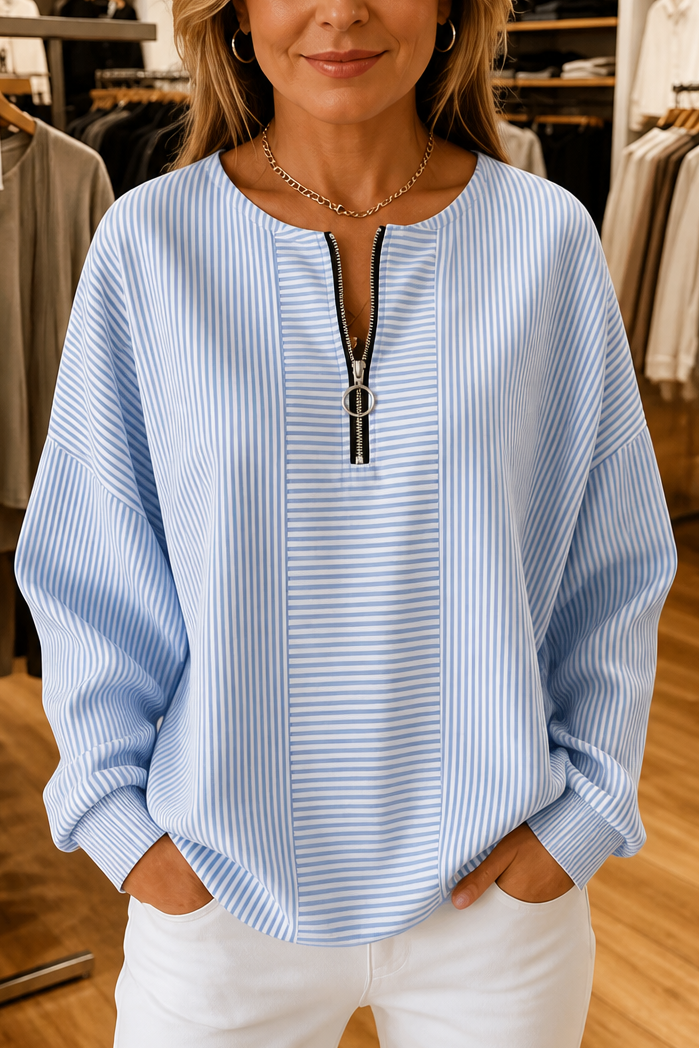 Everline | Striped Long Sleeve Zip-Up Top