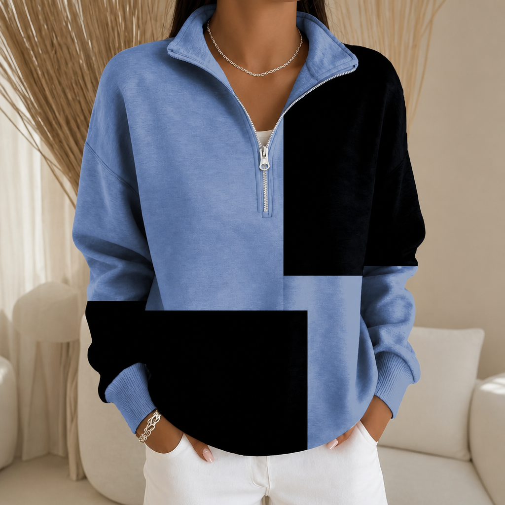 Colorplaid | Colorblock Plaid Stand-Collar Zip Sweatshirt