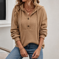 Wovella | Ribbed Knit Button-Neck Hoodie Sweater