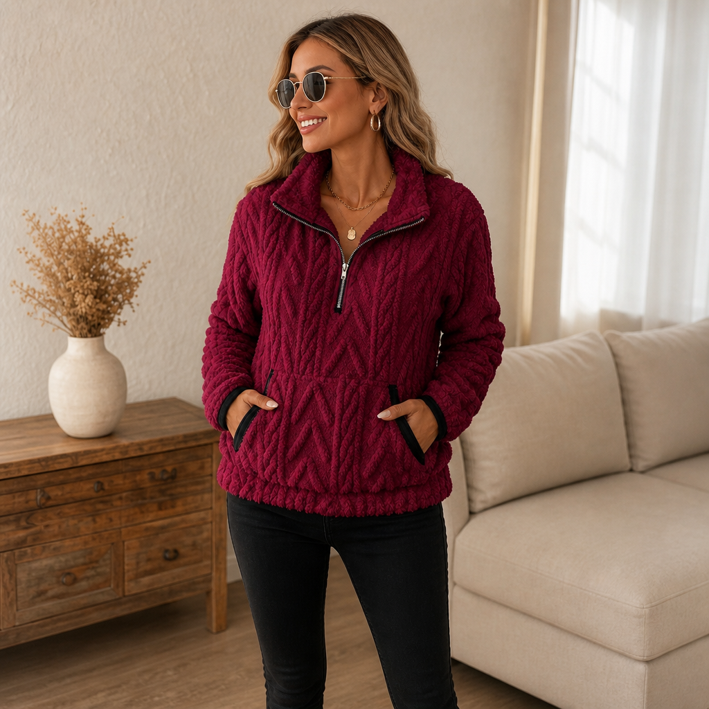 Cloudessa | Half-Zip Fuzzy Pullover With Kangaroo Pocket