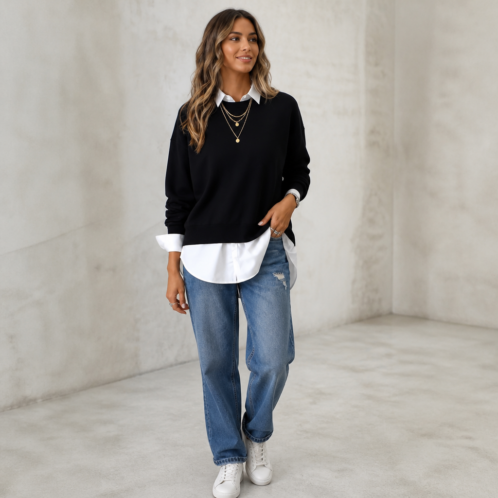 Averlyn | Layered Mock Shirt Collar Crewneck Sweatshirt
