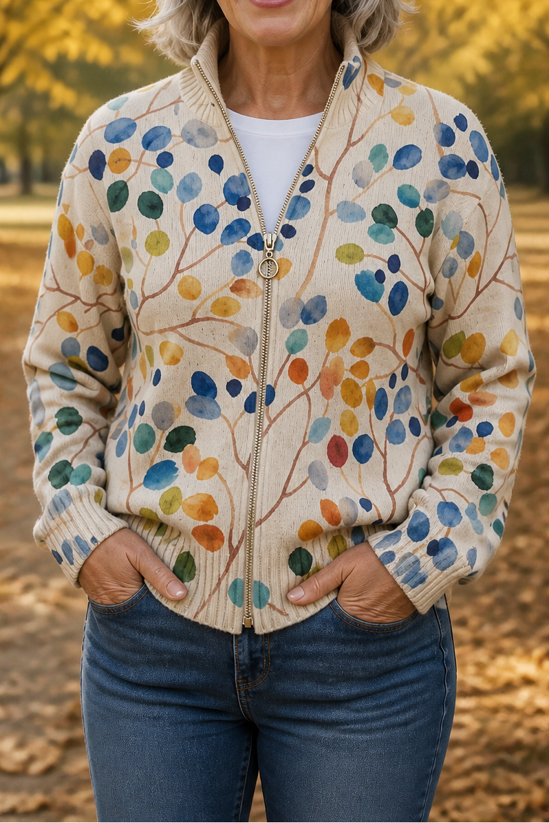 Threezip | Botanical Print Zip-Up Bomber Cardigan