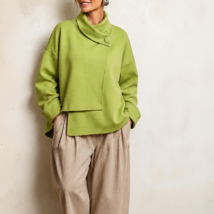 Draperly | Asymmetric Cowl Neck Button Sweatshirt