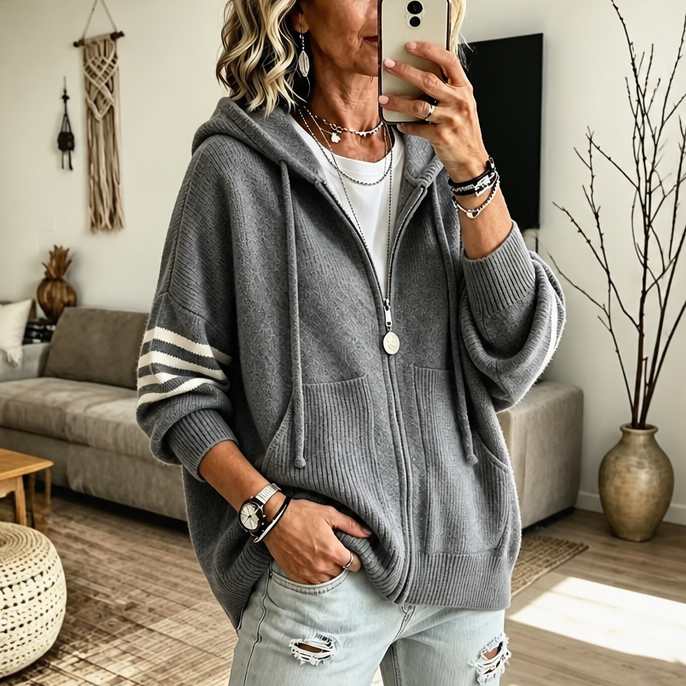Wearbalc | Striped-Sleeve Drop-Shoulder Zip Hoodie