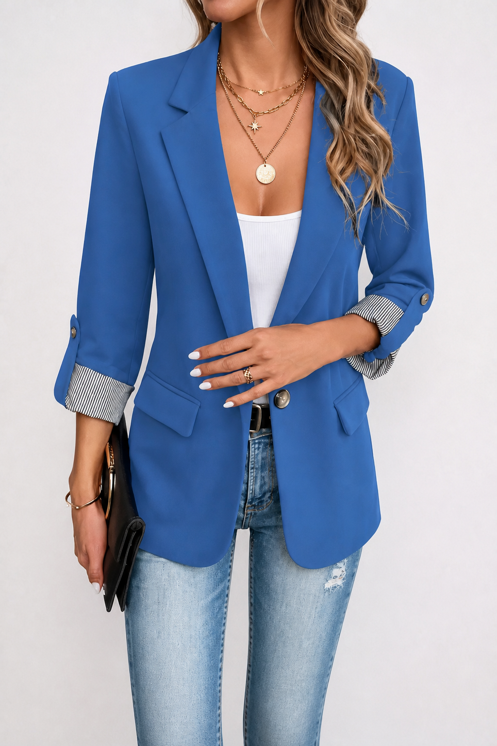 Cuffley | Striped-Cuff Roll-Sleeve Tailored Blazer