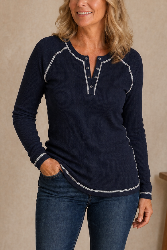 Wearbelda | Waffle Knit Contrast Stitch Henley Top