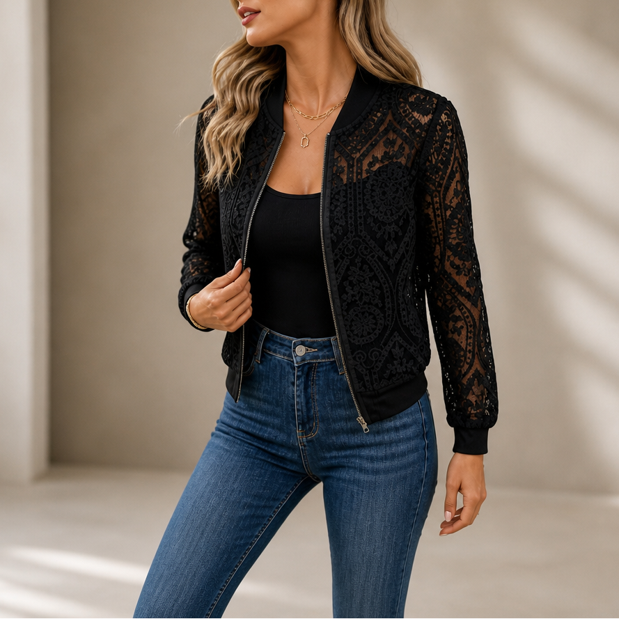 Laceleigh | Sheer Floral Lace Bomber Jacket